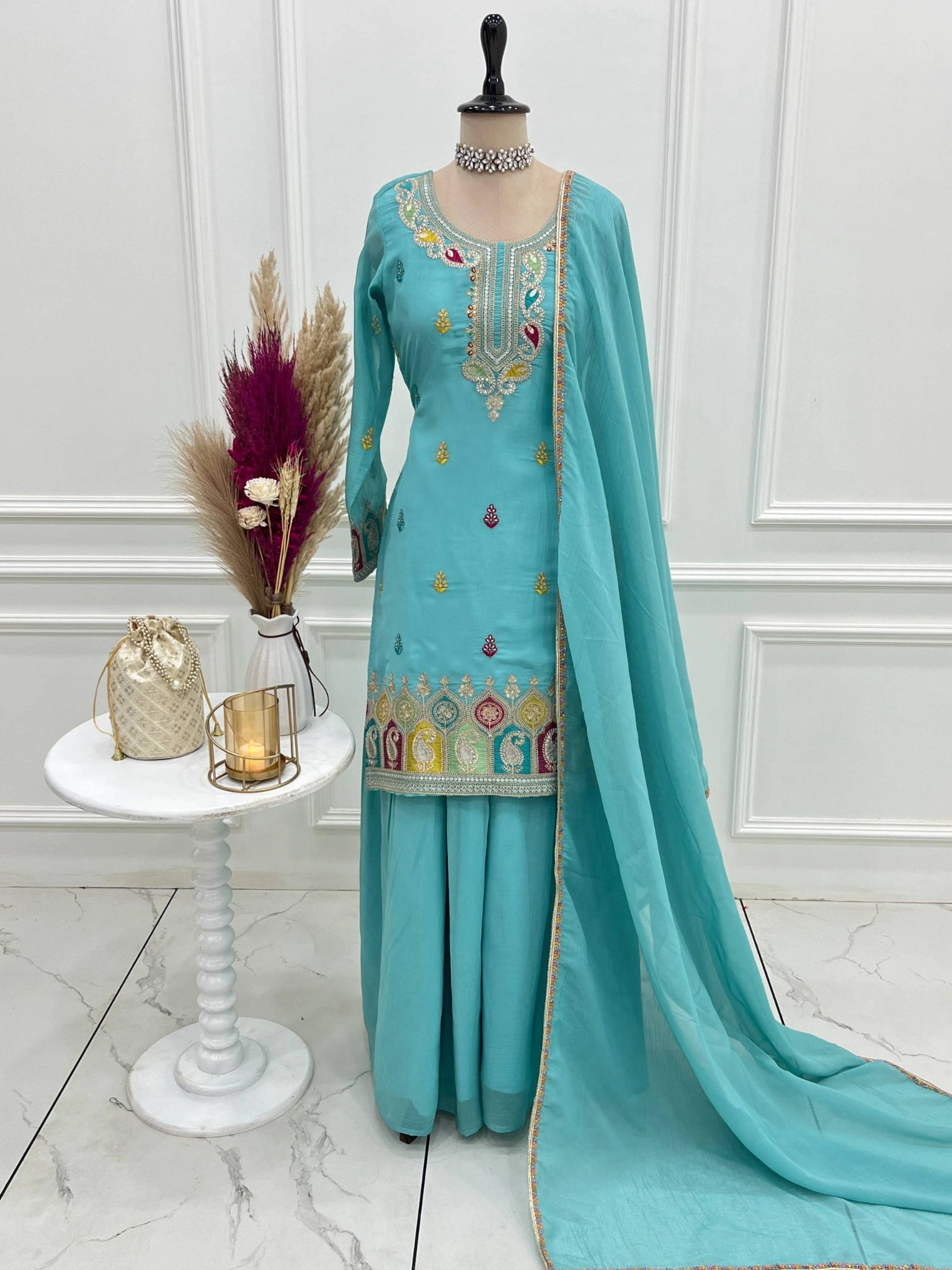 Sky Blue Sequins Embroidered Suit KU317 on mannequin