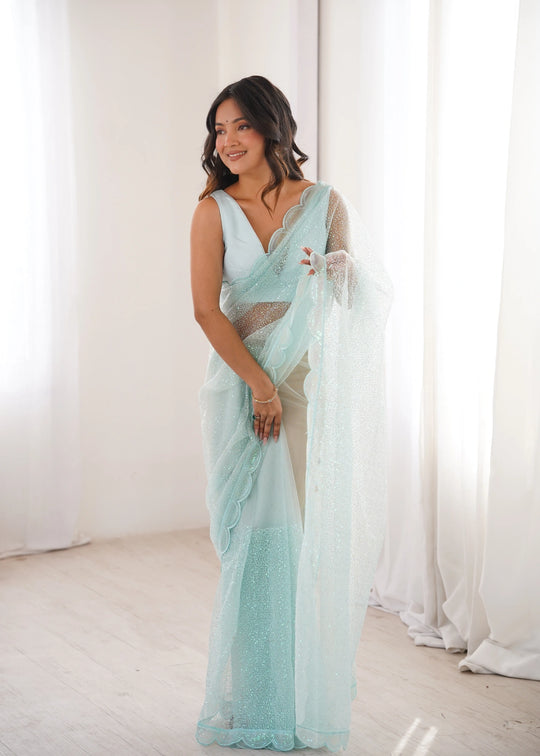 Sky Blue Sequins Embroidered with Thread Work Saree KS386 – front view