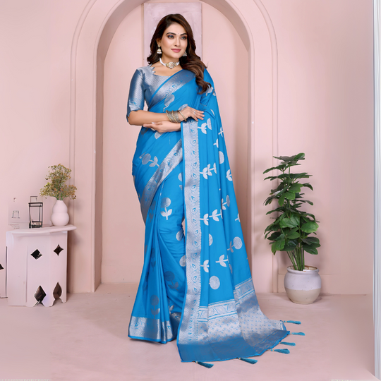 Blue Zari Weaving Soft Georgette Banarasi Silk Saree