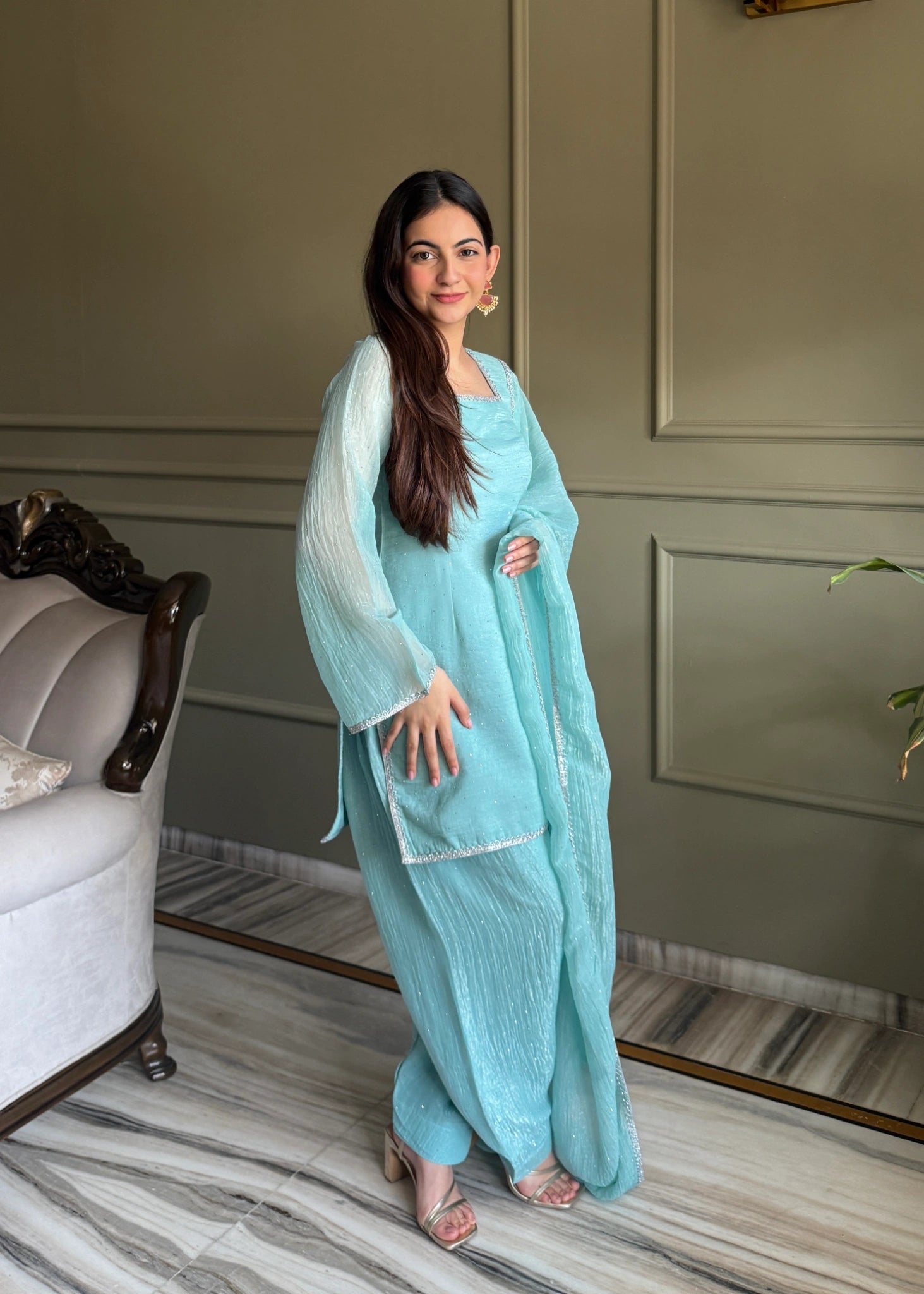 Sky blue Swarovski diamond work suit with farshi shalwar and dupatta - full length front view