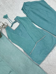 Sky blue suit flat lay - lace border detail