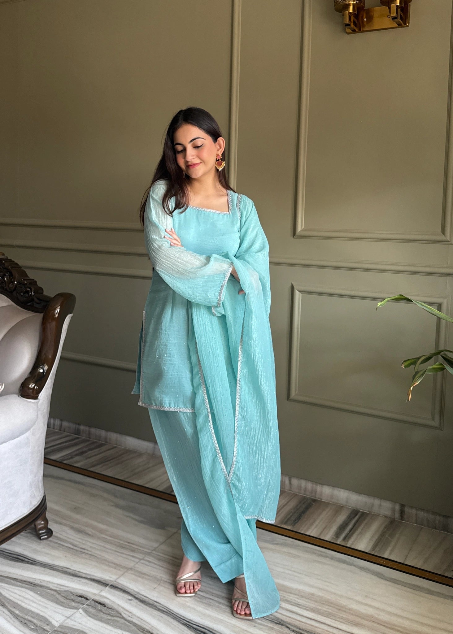 Sky blue Swarovski diamond work suit - model with dupatta