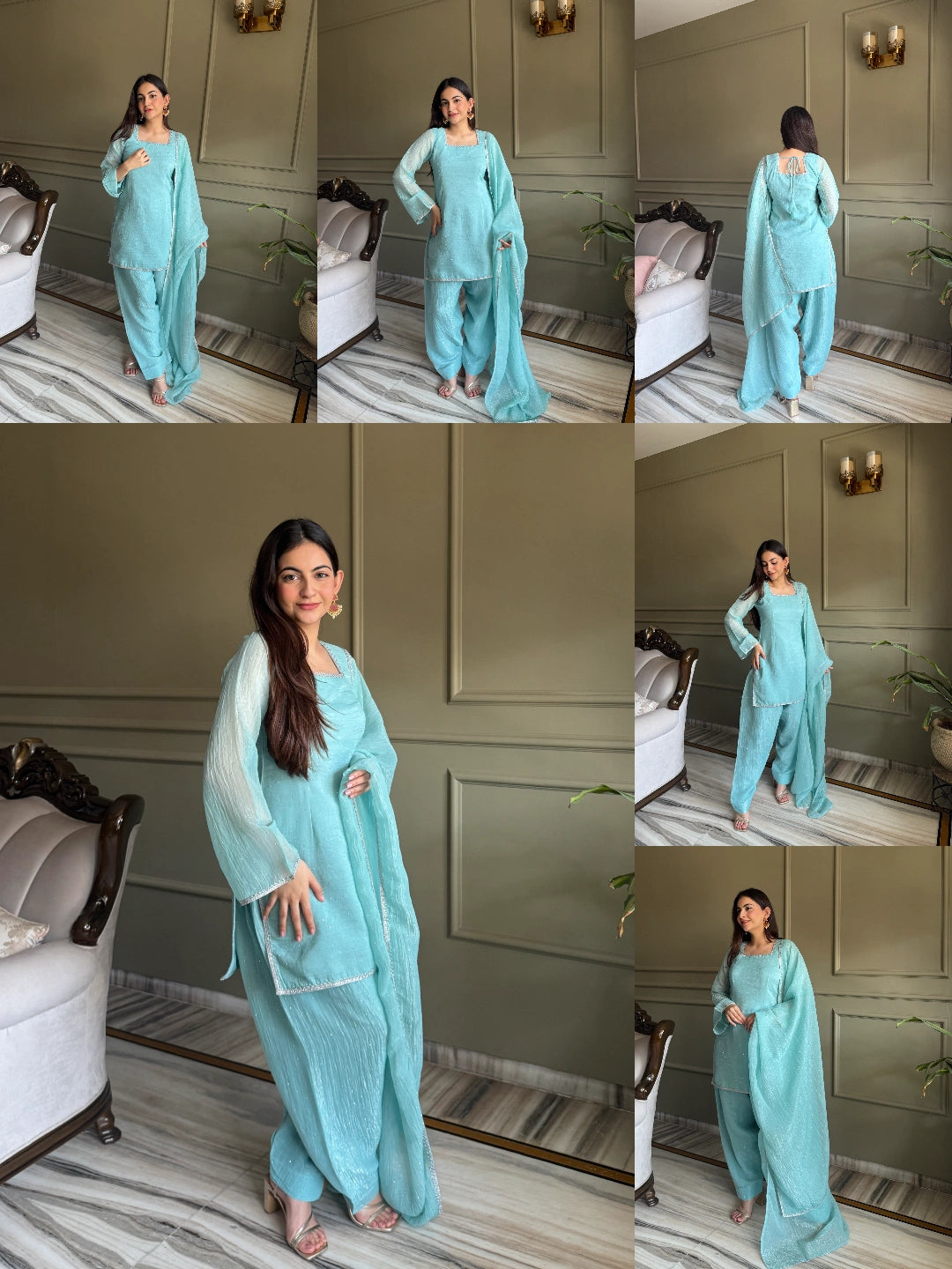 Sky blue Swarovski diamond work suit - multiple poses