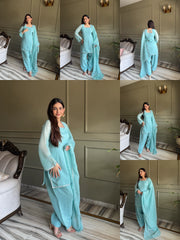 Sky blue Swarovski diamond work suit - multiple poses