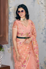 Soft Peach Butterfly Net Saree portrait close-up – KS375