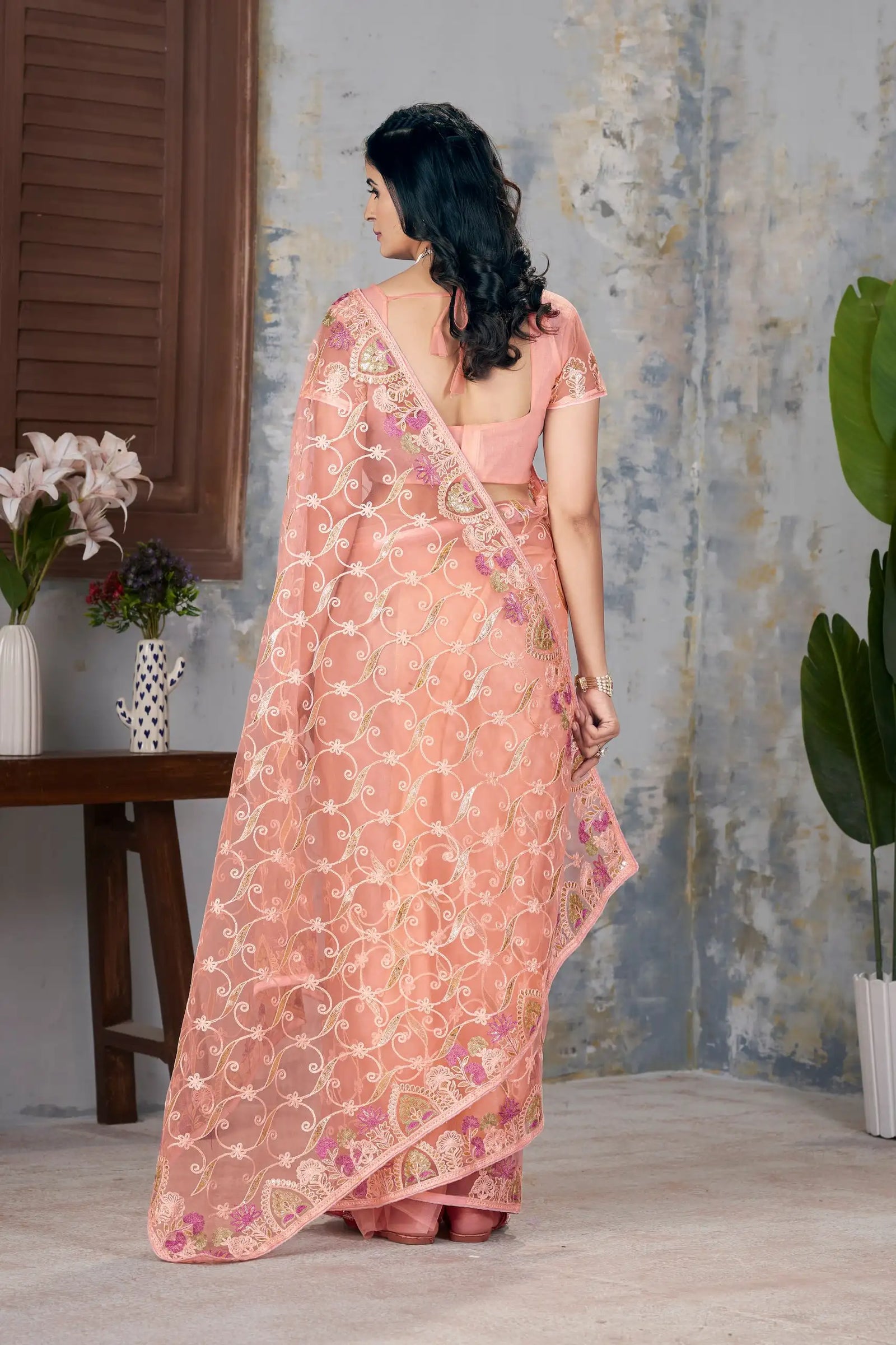 Soft Peach Embroidered Saree side drape – KS375