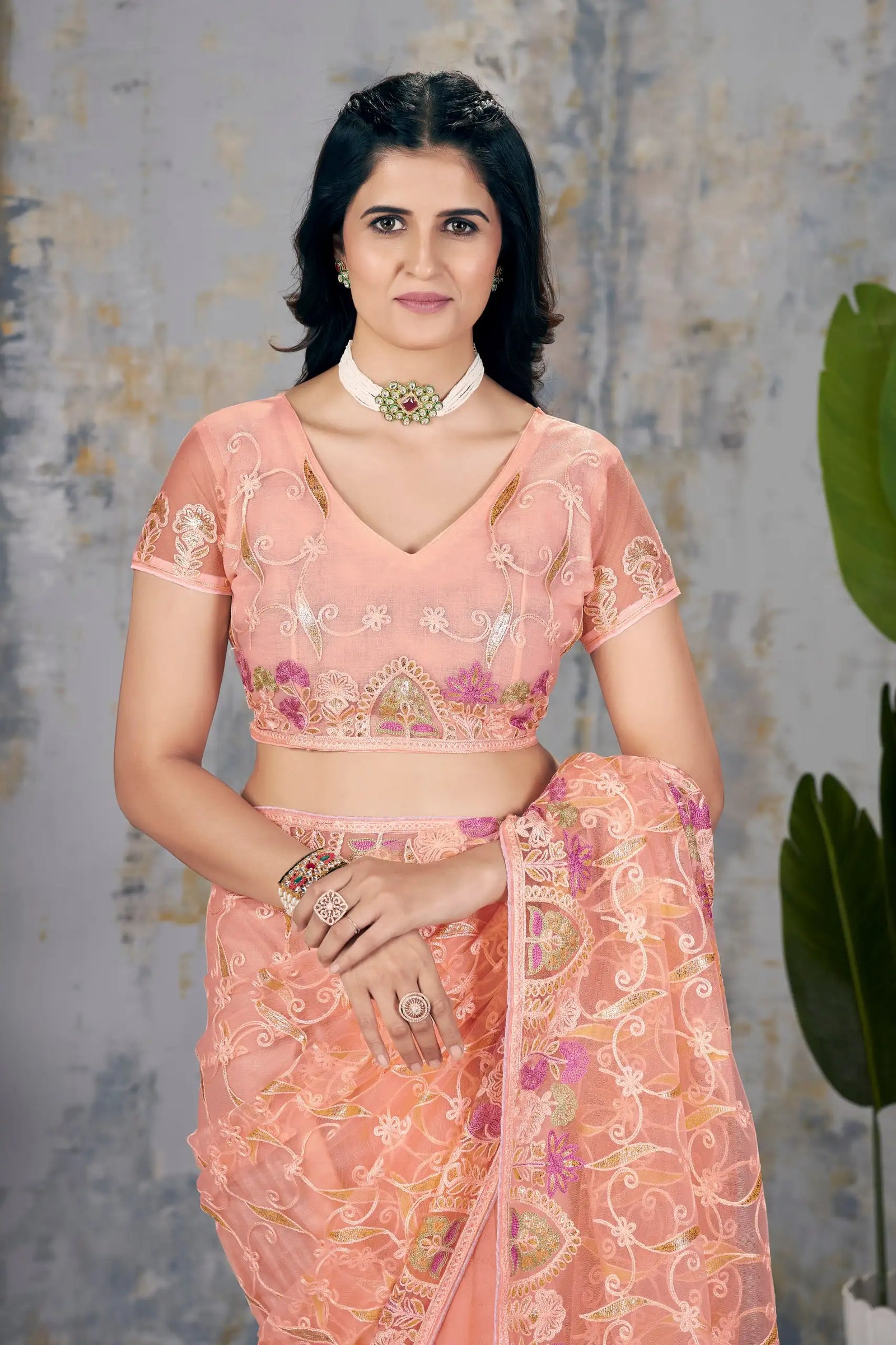 Soft Peach Saree model shot – KS375
