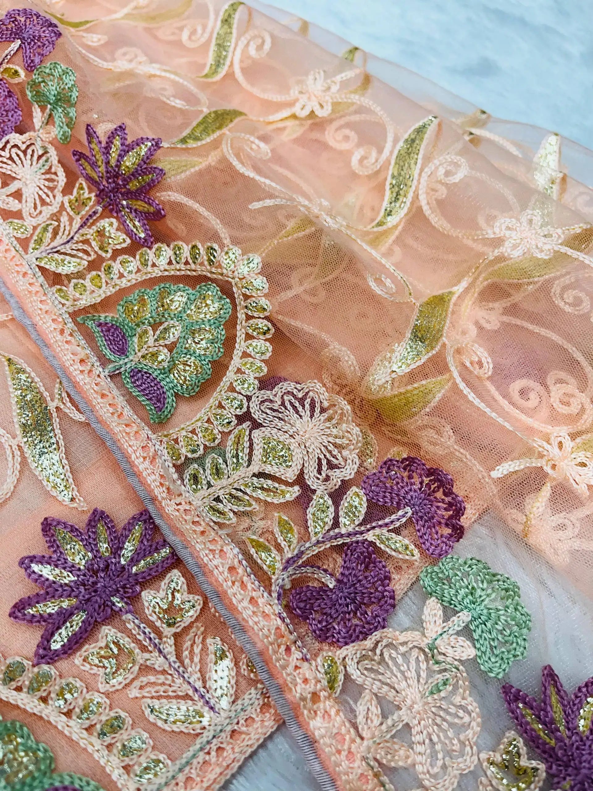 Soft Peach Butterfly Net Saree embroidery detail – KS375