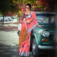 Soft Peach Floral Print Silk Saree