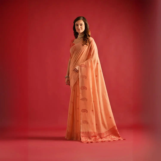 Soft Peach Resham Weaving Soft Mul Cotton Saree