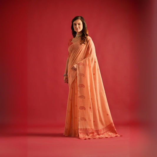 Soft Peach Resham Weaving Soft Mul Cotton Saree