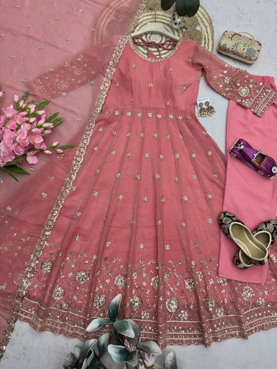Soft Peach Sequins Embroidered Suit Front View – Crunchy Silk Blend | Kalyanja KU309