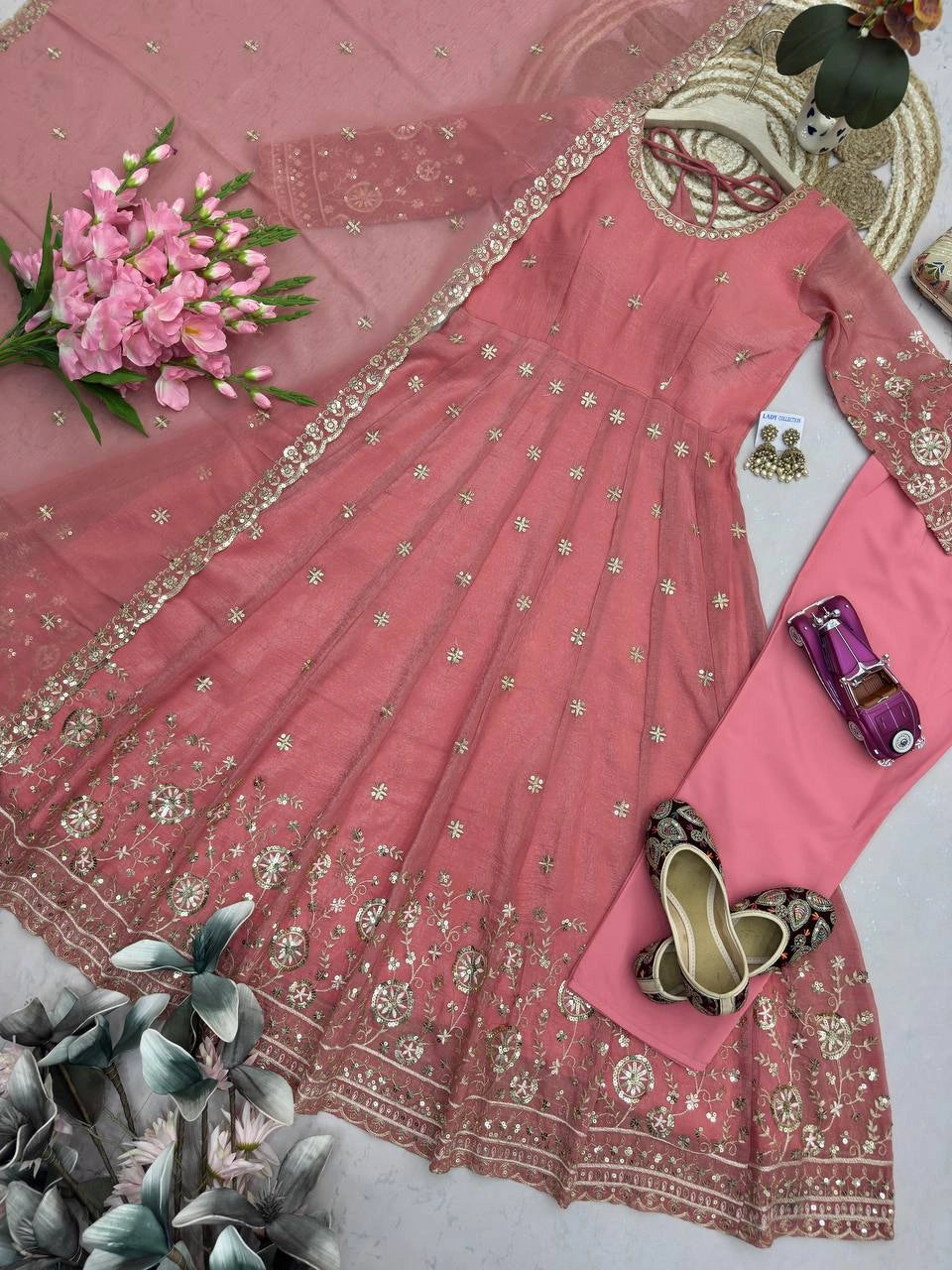 Soft Peach Sequins Embroidered Suit Second Pose with Dupatta