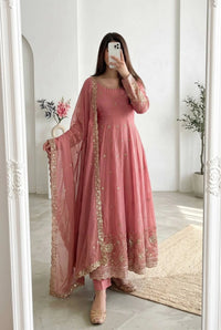 Soft Peach Sequins Embroidered Suit – Crunchy Silk Blend, Full Sleeve, Round Neck