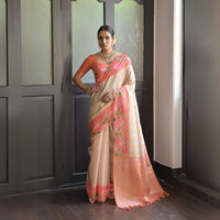 Light Peach Zari Work Soft Silk Saree