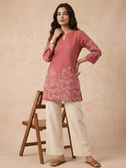 Soft Pink Block Print Short Kurti front view – Linen Cotton Blend ethnic print, 3/4 sleeves – KSK61