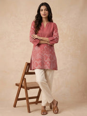 Soft Pink Block Print Short Kurti full front model shot – A-line silhouette linen cotton – KSK61