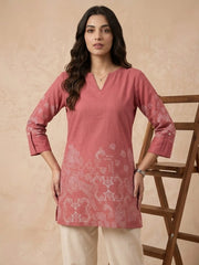Soft Pink Block Print Short Kurti front facing – round neck ethnic motif print – KSK61