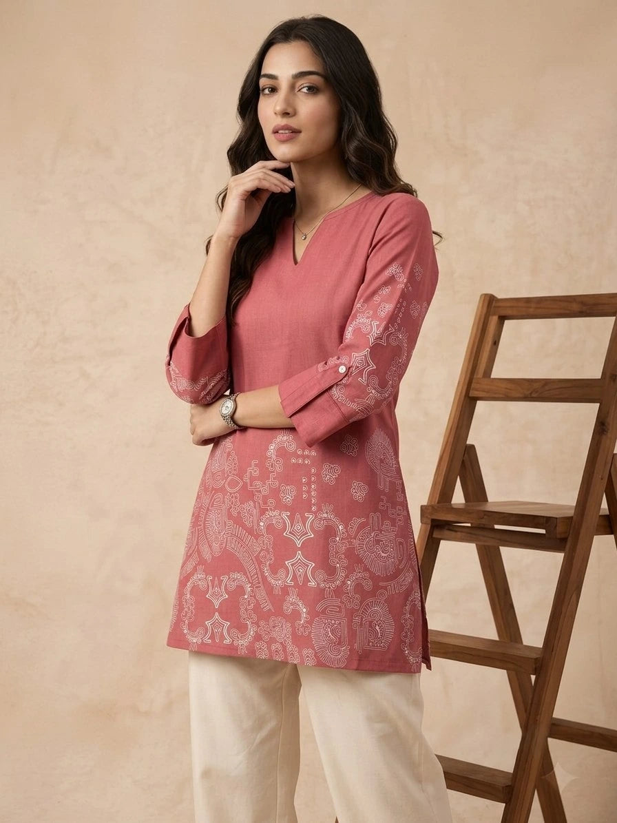 Soft Pink Block Print Short Kurti model pose – linen cotton blend casual wear – KSK61