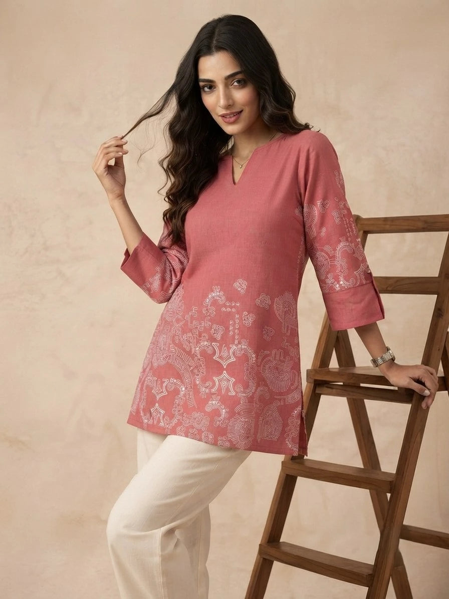 Soft Pink Block Print Short Kurti side angle view – tribal motif block print – KSK61