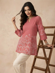 Soft Pink Block Print Short Kurti side angle view – tribal motif block print – KSK61