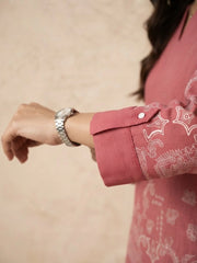 Soft Pink Block Print Short Kurti sleeve detail – 3/4 sleeves cuff close-up – KSK61