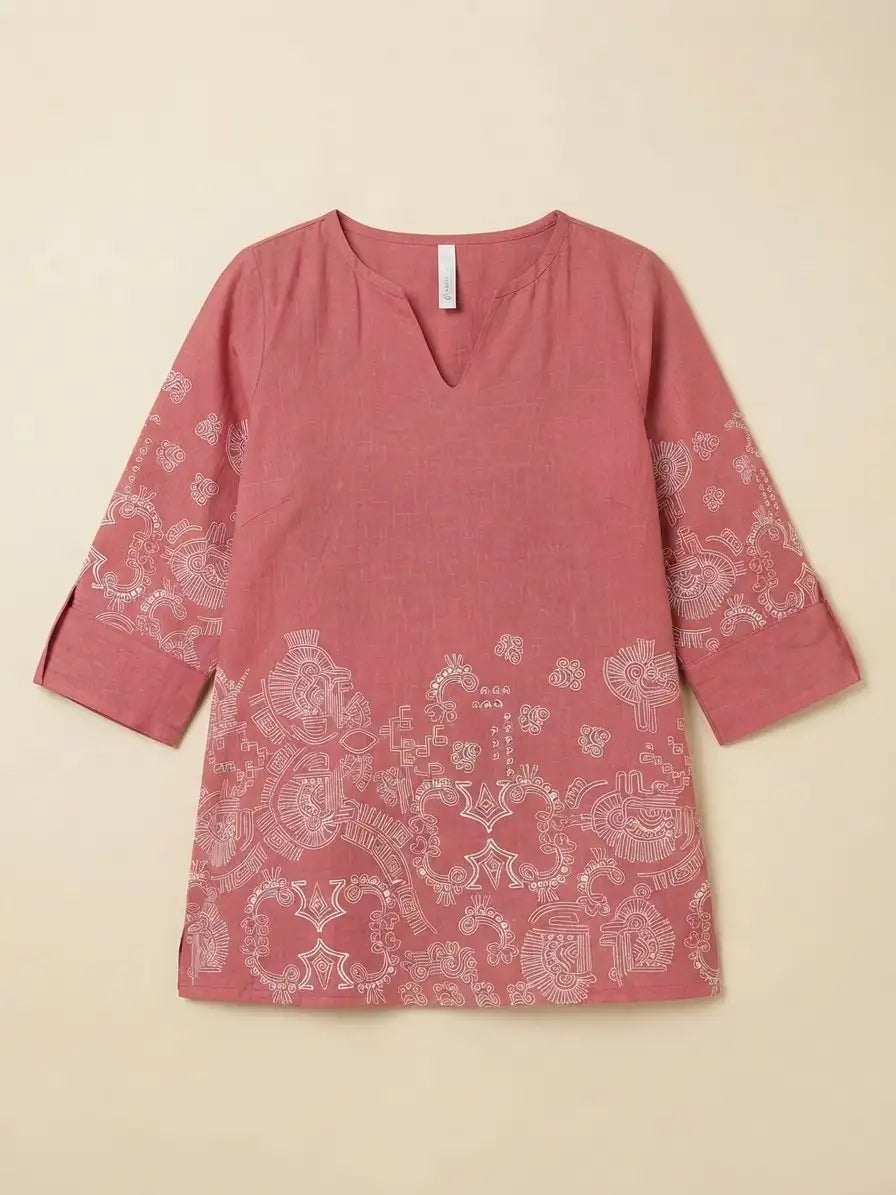 Soft Pink Block Print Short Kurti flat lay – linen cotton blend product view – KSK61