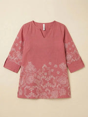 Soft Pink Block Print Short Kurti flat lay – linen cotton blend product view – KSK61