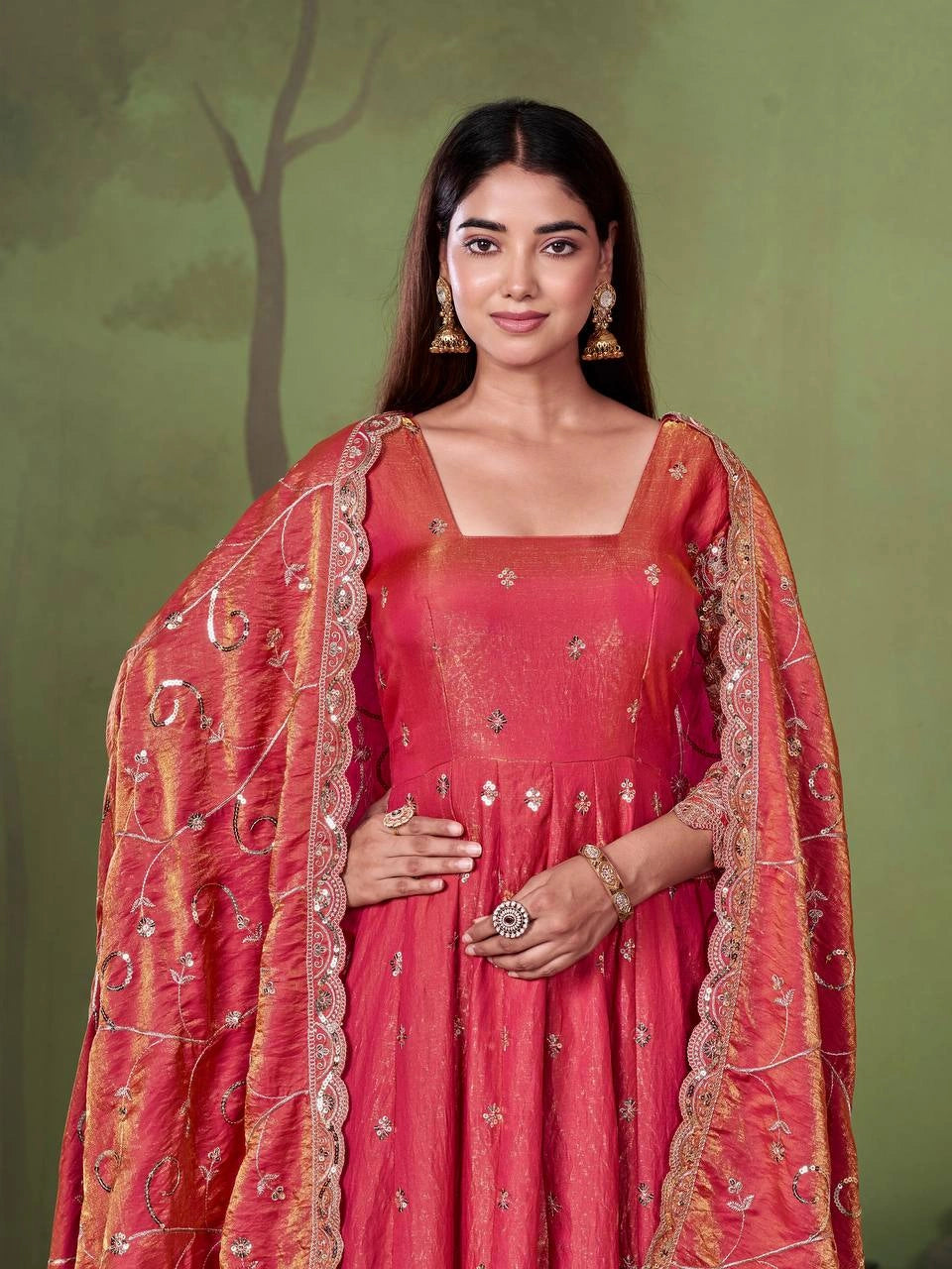 Soft Pink Embroidered Codding Suit Anarkali model front view full length KU267