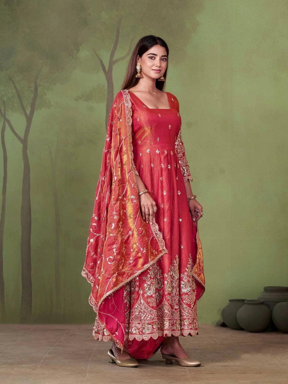 Soft Pink Anarkali Silk Blend Suit model three quarter view with dupatta KU267