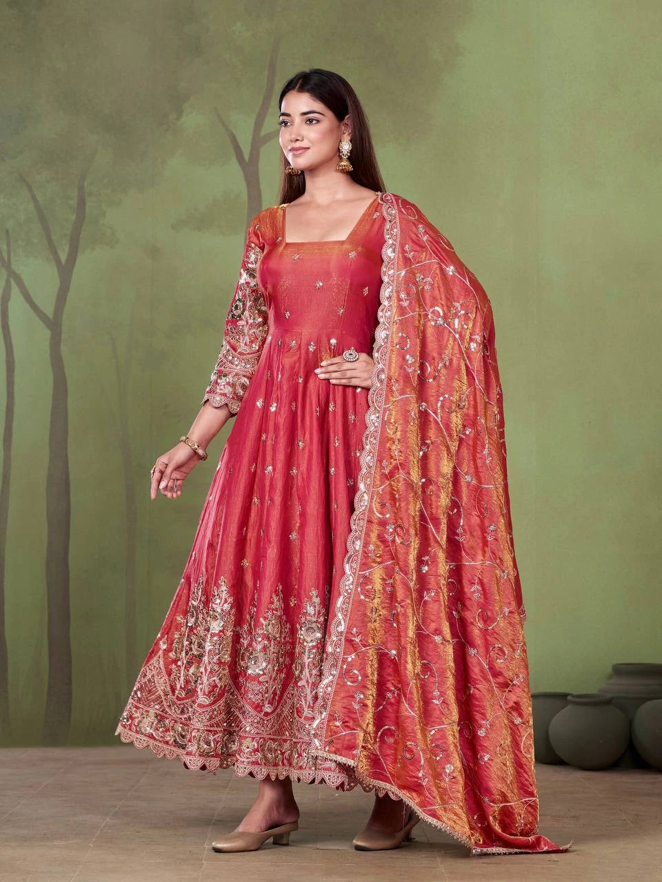 Soft Pink Anarkali Suit back view open dori tie-up neckline KU267