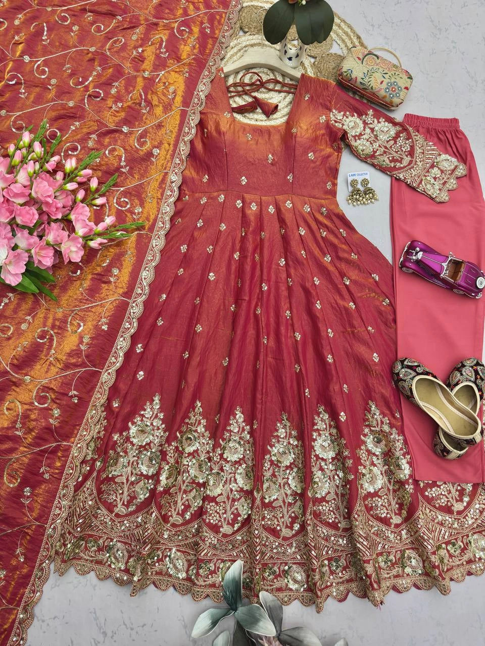 Soft Pink Embroidered Codding Suit flatlay complete set overhead KU267