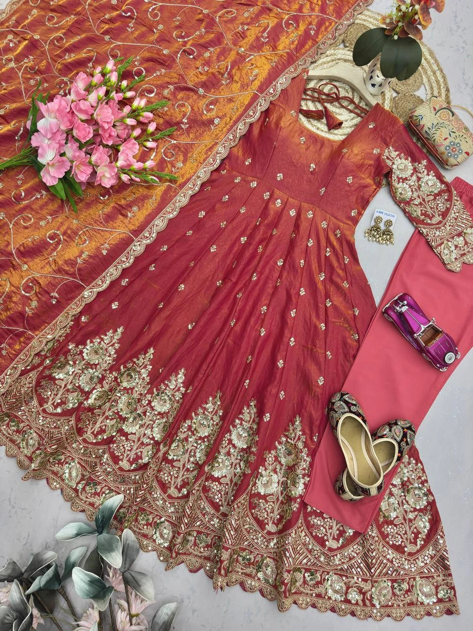 Soft Pink Silk Blend Suit dupatta sequins embroidery flatlay detail KU267