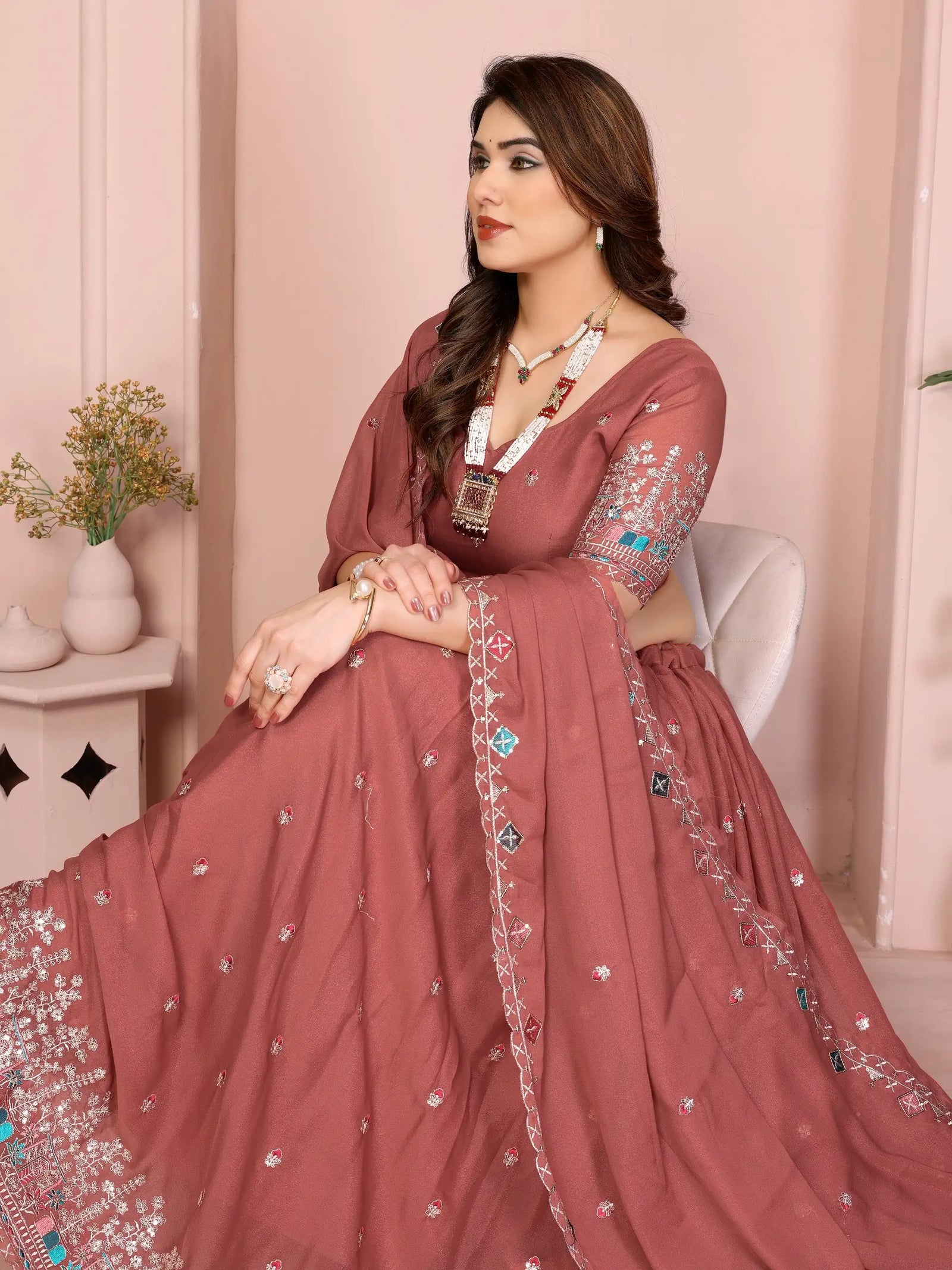 Soft Pink Embroidered Lehenga editorial seated pose choli detail – Kalyanja KL173