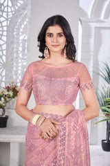 Soft Pink Thread Embroidered Saree Party Wear | Tissue Net | KS389 | Kalyanja