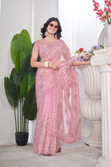 Soft Pink Thread Embroidered Saree Wedding | Tissue Net | KS389 | Kalyanja