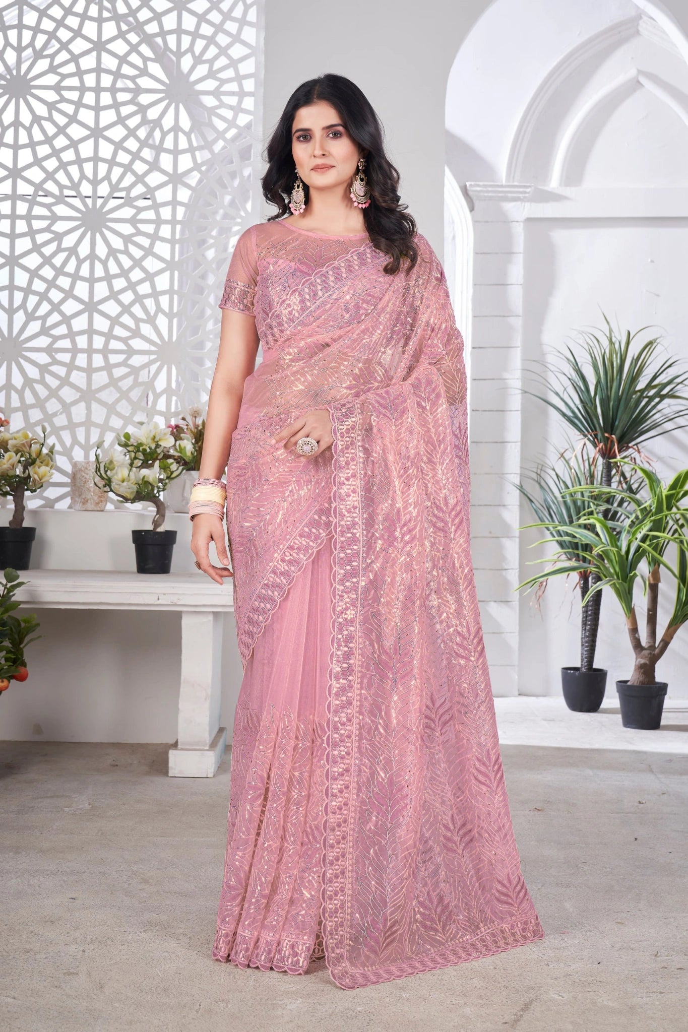 Soft Pink Thread Embroidered Saree Festive | Tissue Net | KS389 | Kalyanja