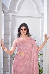 Soft Pink Thread Embroidered Saree Detail | Tissue Net | KS389 | Kalyanja