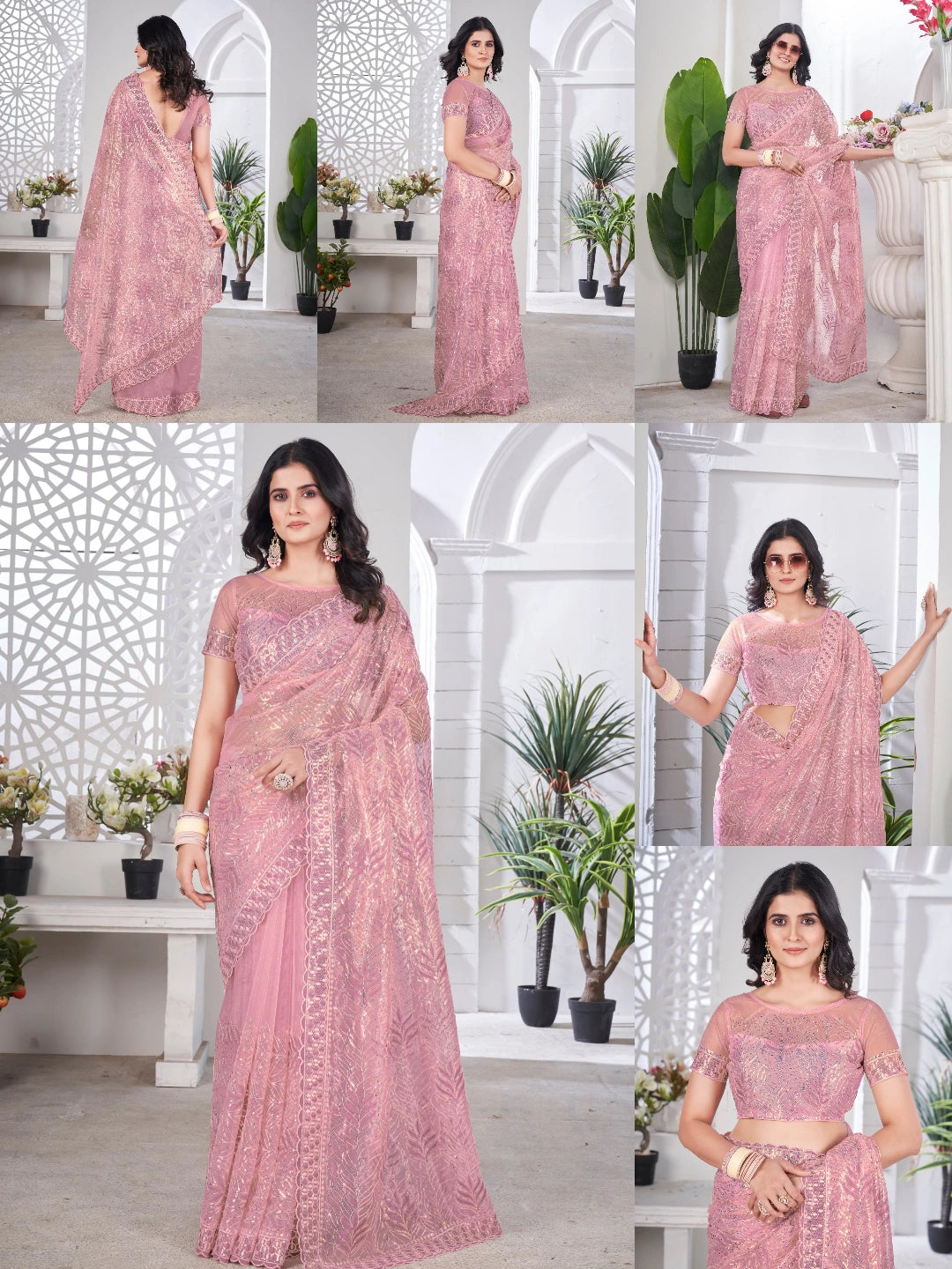 Soft Pink Thread Embroidered Saree Collage | Tissue Net | KS389 | Kalyanja