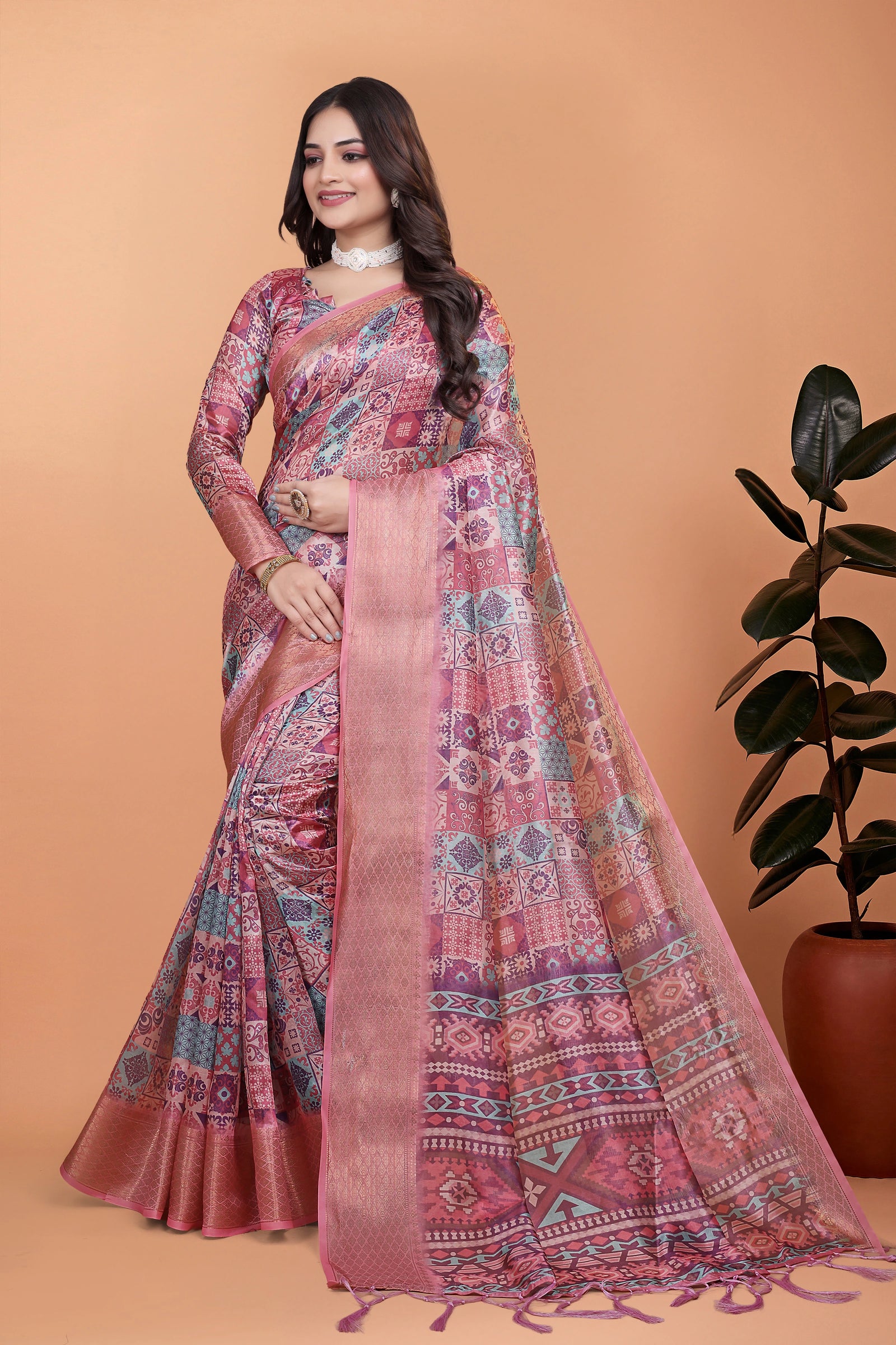 Soft Pink Zari Weaving Premium Crystal Saree Hero Front View | Kalyanja KS364