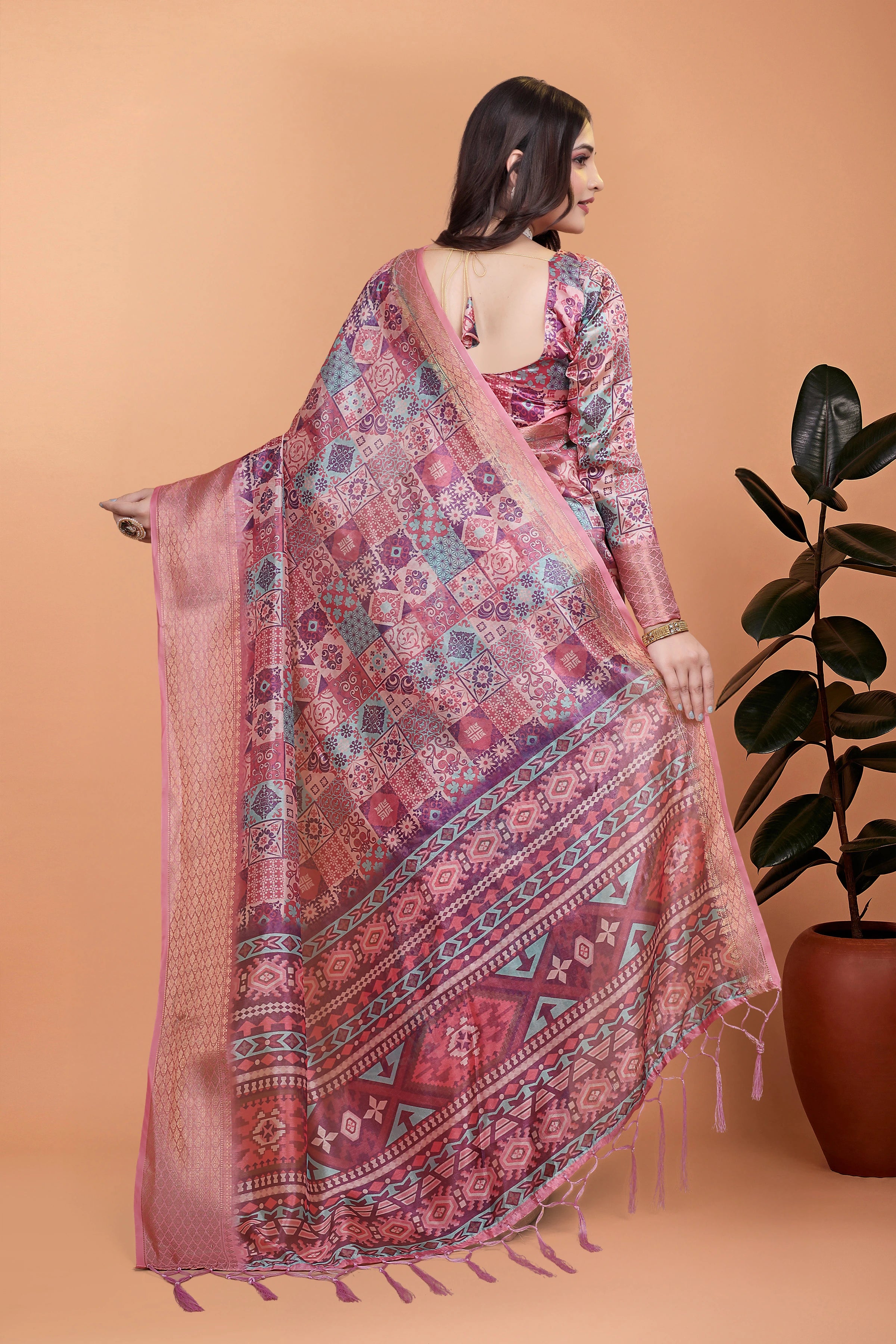 Soft Pink Zari Weaving Saree Back View Tribal Woven Pallu | Kalyanja KS364