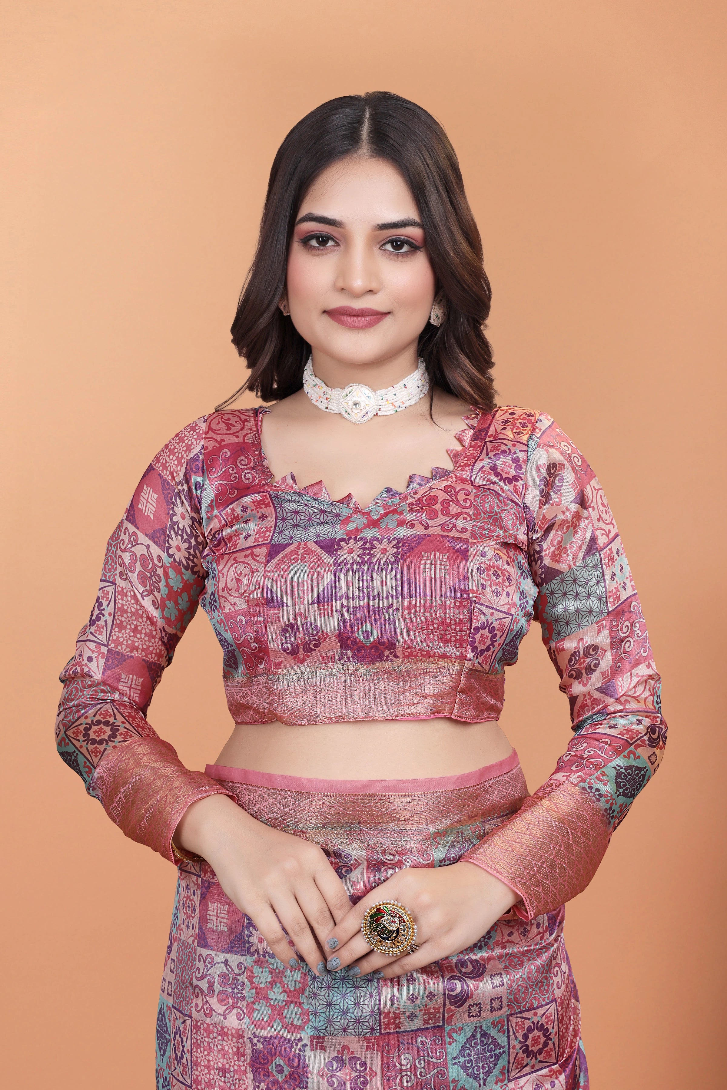 Soft Pink Premium Crystal Saree Full Sleeve Blouse Close-Up | Kalyanja KS364