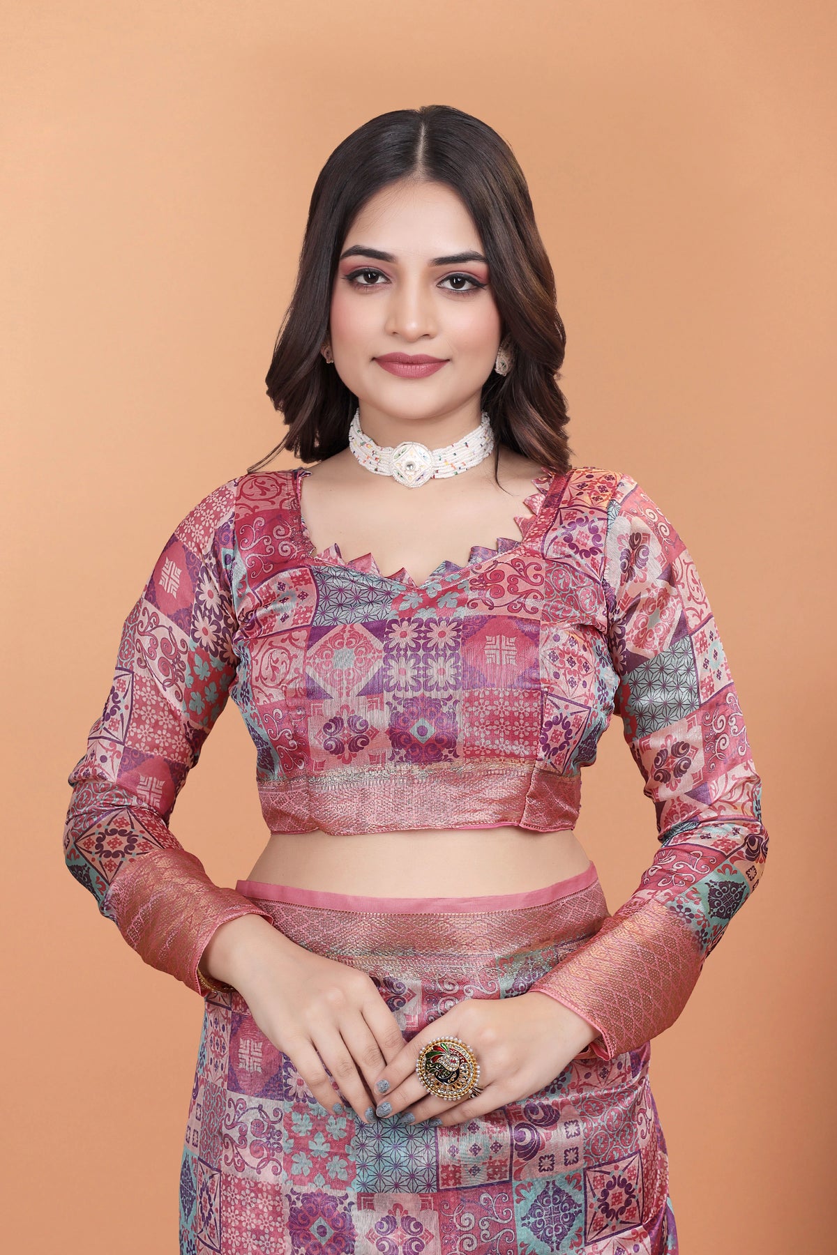 Soft Pink Premium Crystal Saree Full Sleeve Blouse Close-Up | Kalyanja KS364