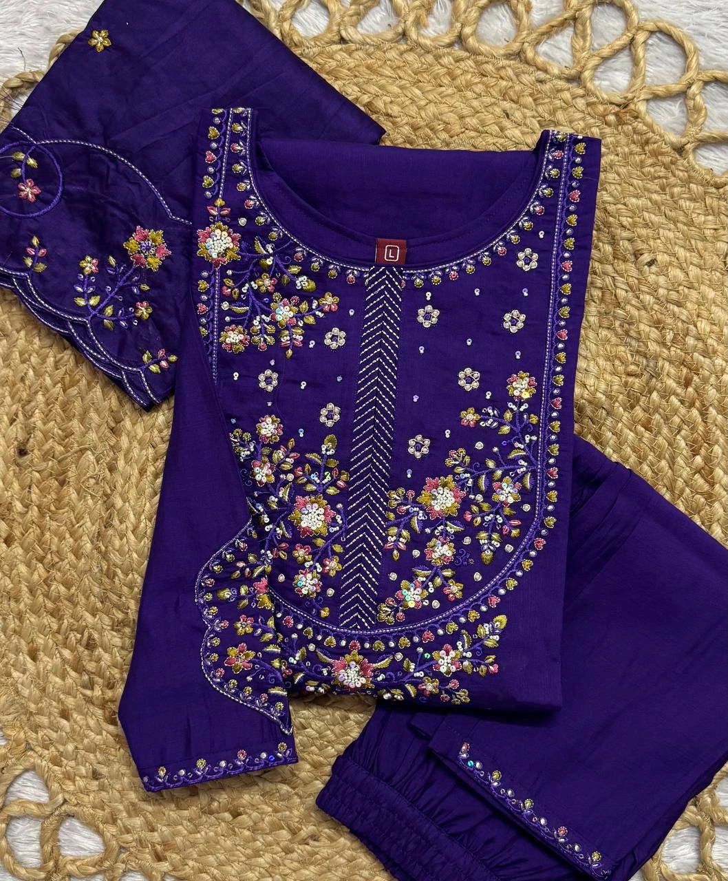 Soft Purple Multi Thread Embroidered Kurti Marina Silk Blend KK110 - Flat Lay Detail