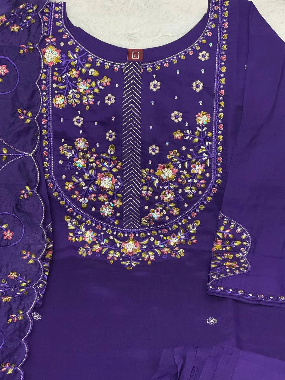 Soft Purple Multi Thread Embroidered Kurti Marina Silk Blend KK110 - Flat Lay Set