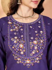 Soft Purple Multi Thread Embroidered Kurti Marina Silk Blend KK110 - Front Full Length
