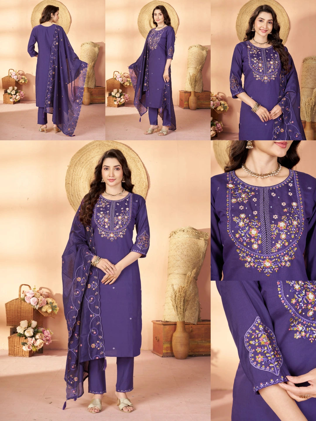 Soft Purple Multi Thread Embroidered Kurti Marina Silk Blend KK110 - All Views