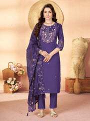 Soft Purple Multi Thread Embroidered Kurti Marina Silk Blend KK110 - Upper Body with Dupatta