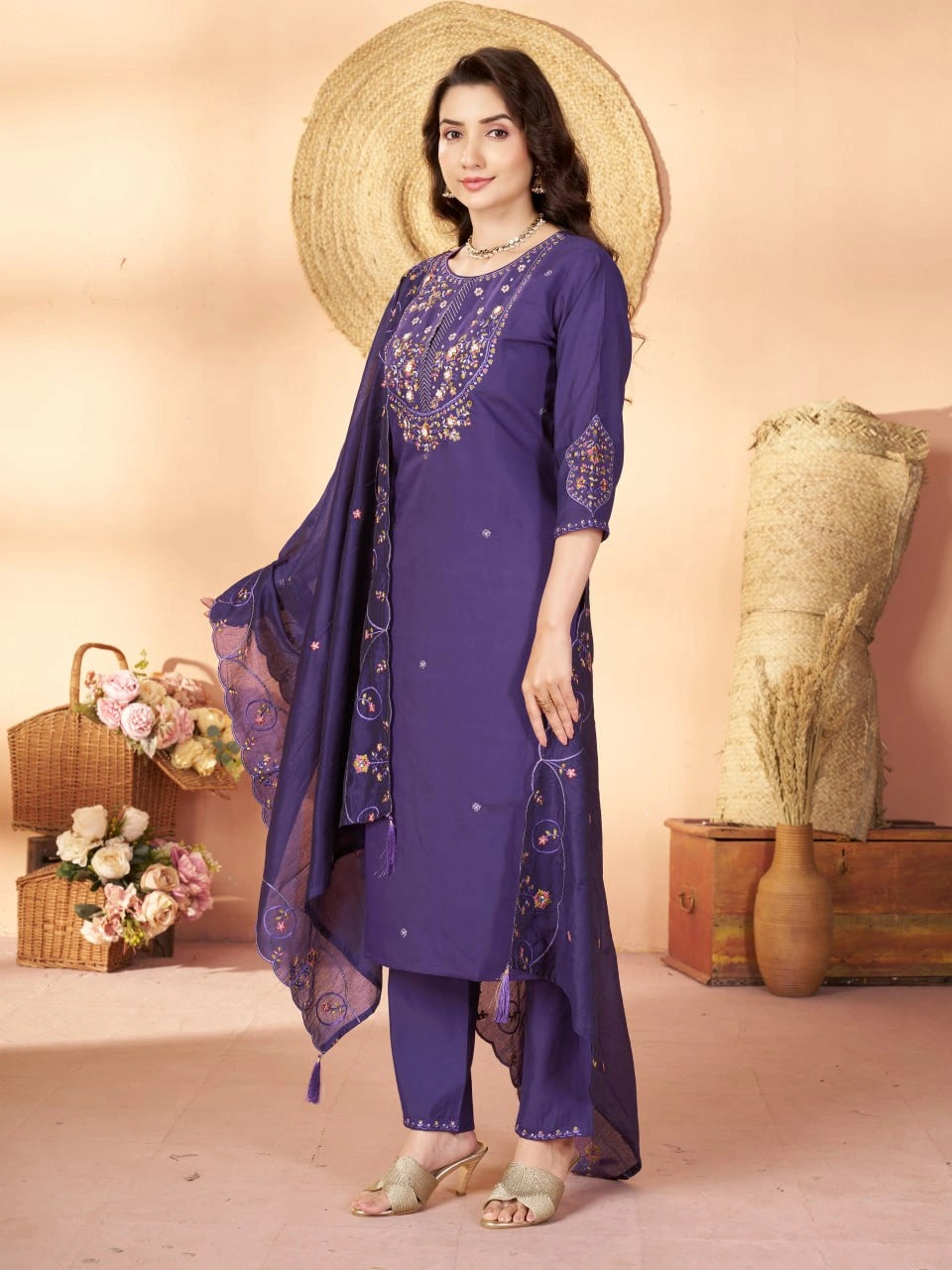Soft Purple Multi Thread Embroidered Kurti Marina Silk Blend KK110 - Neckline Embroidery Detail