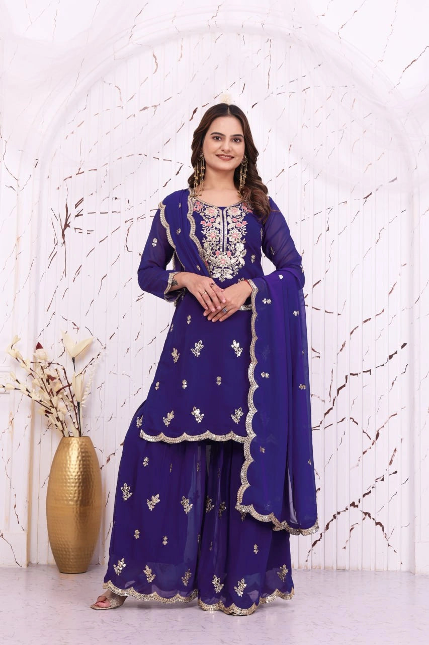 Soft Purple Sequins Embroidered Suit Faux Georgette Sharara KU272 Kalyanja